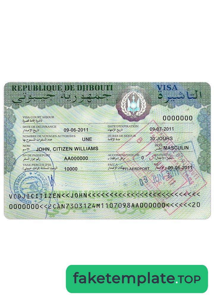 Feature of fake DJIBOUTI visa example